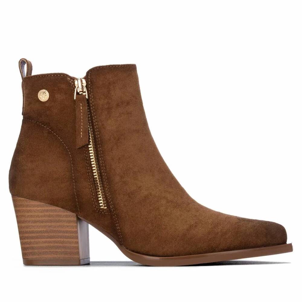 NEW XTI women's block heel suede ankle booties in camel